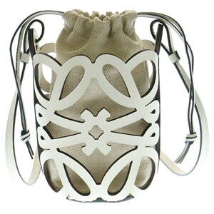 LOEWE Anagram Cutout Pocket Shoulder Bag Phone White Canvas Leather